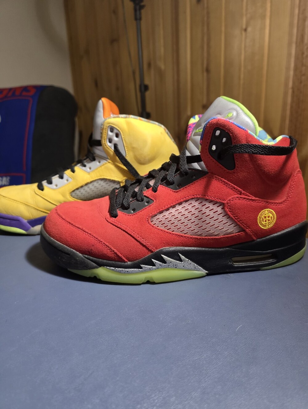 Jordan 5 "What The" Red and yellow Suede Basketball Shoes Size 10m.